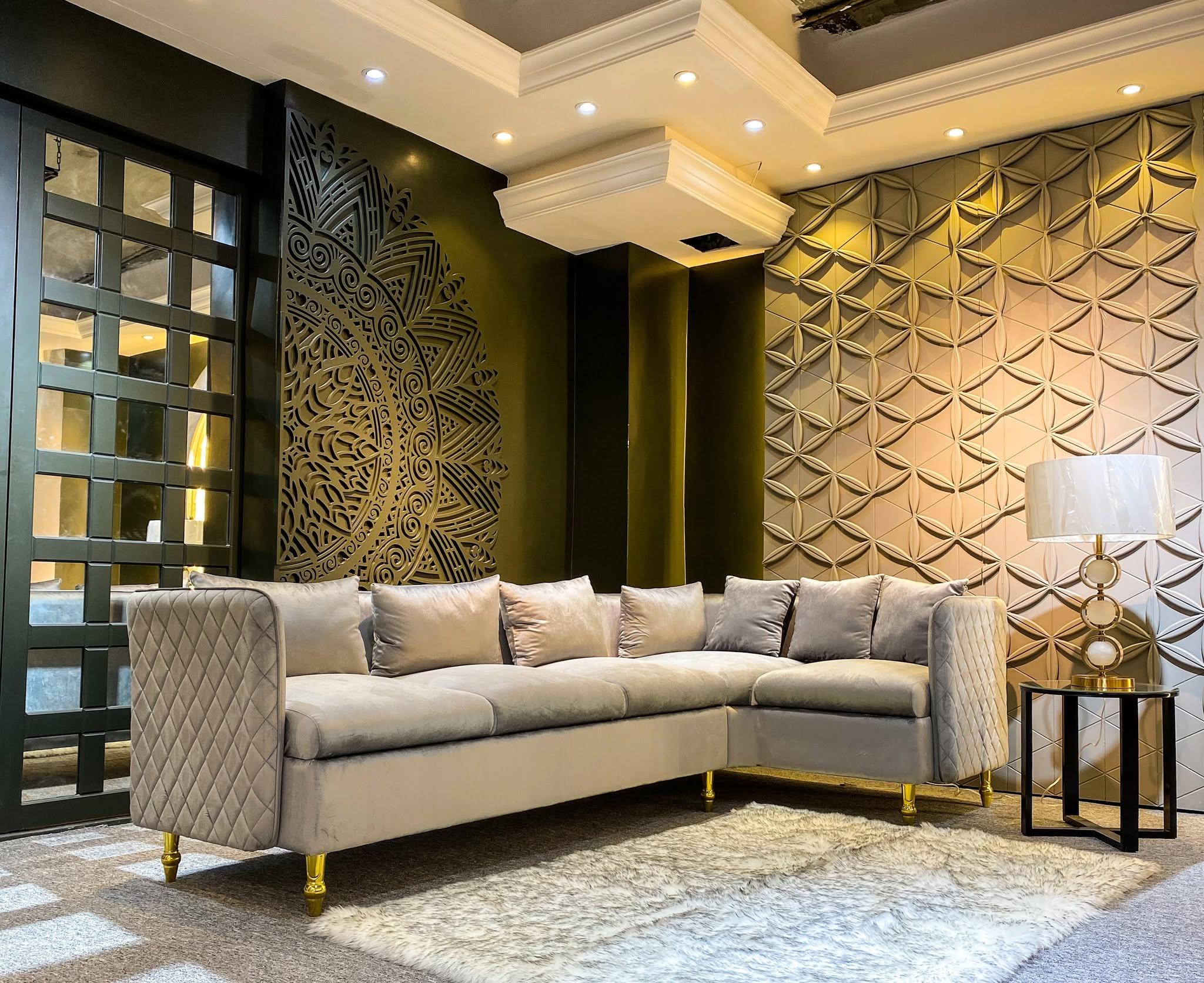 Contemporary cream lounge sofa in a detailed luxury interior